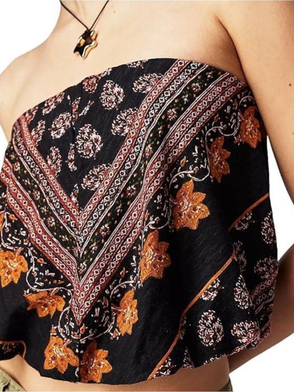 Free People NWOT Boho Strapless Black & Burnt Orange Floral Cropped Top